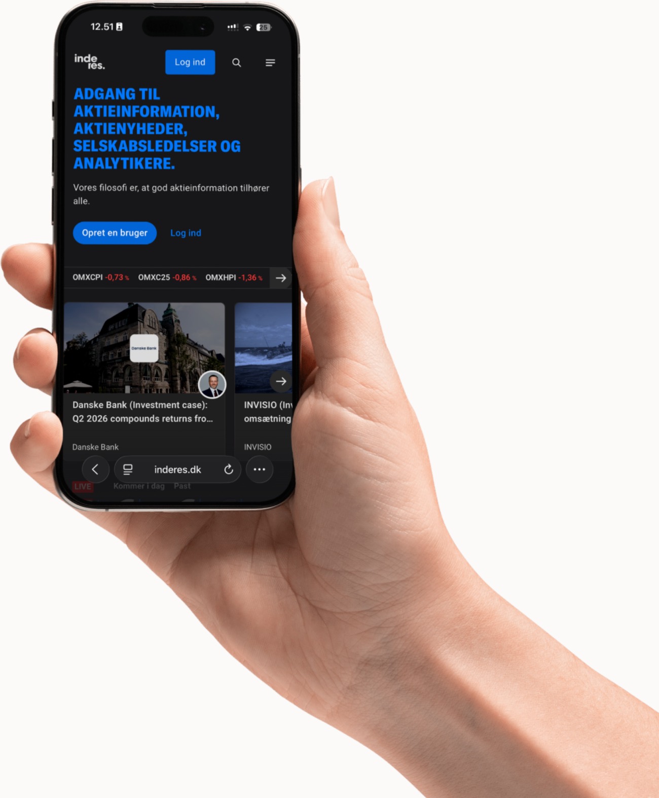 A phone showing live investor content on the Inderes platform